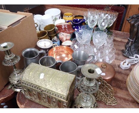 A PAIR OF RENASSANCE REVIVAL STYLE BRASS CANDLESTICKS,A SIMILAR STATIONERY BOX with sundries, metal, ceramic and glass