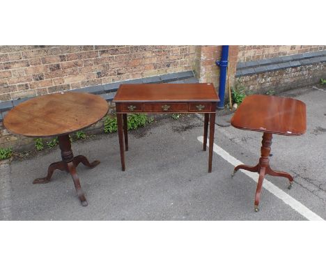 A GEORGE III OAK TRIPOD TABLE another similar, and a mahogany side table fitted a drawer (3)