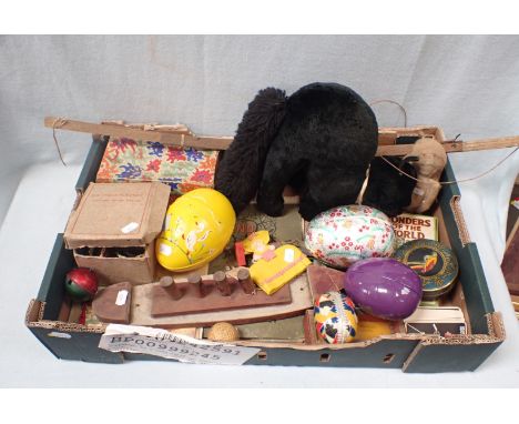 A VINTAGE TOY PUSSYCAT (POSSIBLY CHAD VALLEY) and owl, A 1920s toy boat, vintage Easter eggs, metal puzzles and other items