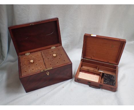 A VICTORIAN TRAVELLING WATERCOLOUR BOX (empty except japanned water pot and paint list, and a 19th century mahogany caddy