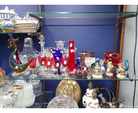 A CUT GLASS BASKET, HUMMELL  FIGURES and other cut and engraved glass, including ruby and cranberry glass, and two Poole Pott