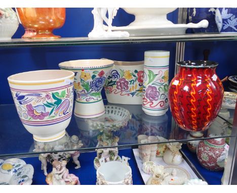 A POOLE POTTERY 'LE' PATTERN VASE of wide bucket form 19 cm high, and a tall vase in the same pattern 23 cm high , a 'Strobe'