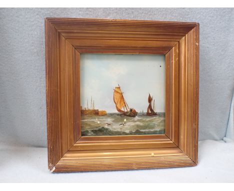 A 19TH CENTURY REVERSE-PAINTING ON GLASS, SEASCAPE in gilt frame