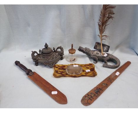 A CROCODILE INKWELL and other 19th century desk accessories including two wooden page turners