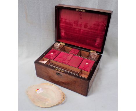 A 19TH CENTURY PIERCED AND ENGRAVED MOTHER-OF-PEARL DISH and a 19th century rosewood workbox with fitted interior