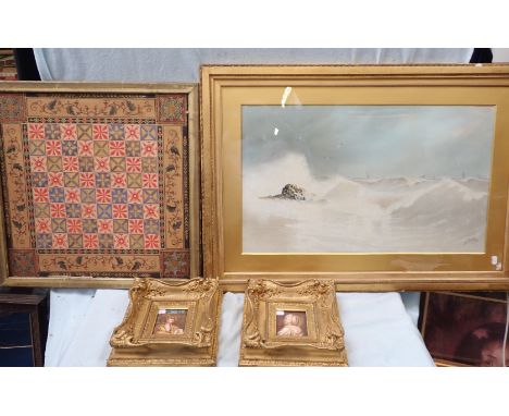 DESIGN FOR A CHESS BOARD watercolour, late Victorian, with a winter seascape by  H Tozer, 1883, and two watercolours after Ol