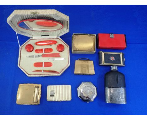 A COLLECTION OF RETRO VINTAGE STRATTON COMPACTS including watch and lipstick examples, a handbag example, a 1940s manicure se