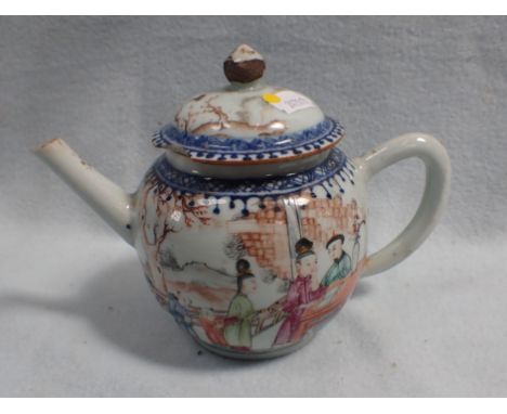 A CHINESE EXPORT TEAPOT with enamelled scenes (damage)