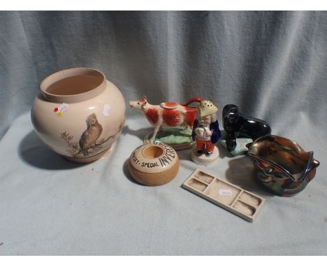 AN 'INVERCAULD' SCOTCH WHISKY ADVERTISING MATCH STRIKER by Lovatt pottery,a Geo. Rowney paintbox mixing tray, a cow creamer, 