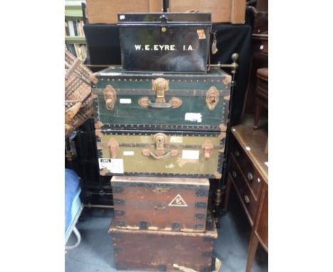 A PINE TRUNK, A SILVER TRUNK a Japanned trunk, and two other trunks