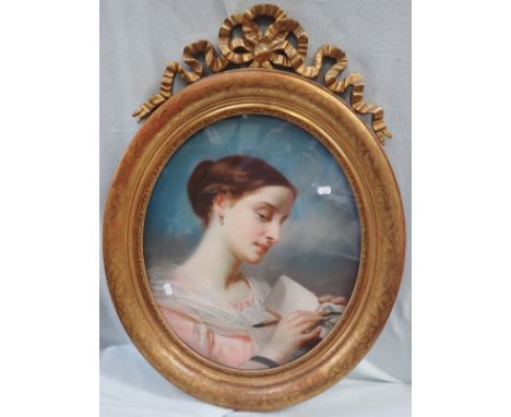 VICTORIAN LADY SKETCHING mid 19th century portrait oval in a fine gilded frame, pastel and mixed media