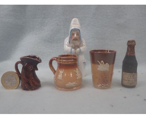 TWO DOULTON LAMBETH MINIATURES with two other miniatures and a Worcester style candle snuffer
