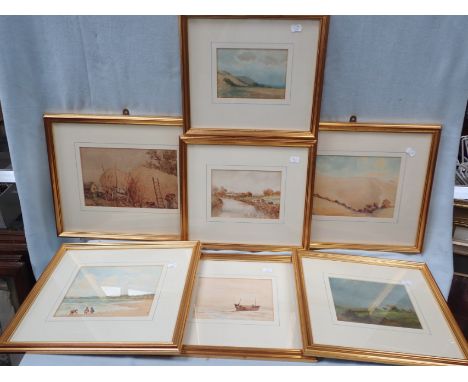SUSSEX COAST NEAR EASTBOURNE watercolour sketch, Beachy Head in the distance, 1920s, and seven other similar watercolour and 