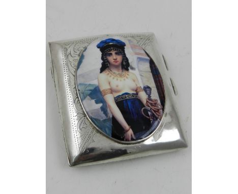 A silver calling card case, hallmarked Birmingham, the lid set with later oval enamel plaque depicting a Classical female. 