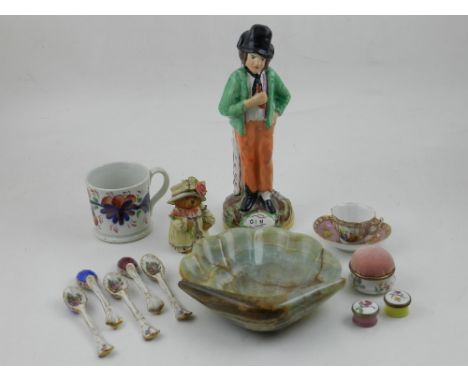A Staffordshire figure group Gin/Water, H. 22cm, together with a small group of sundry items including three Biston style pat