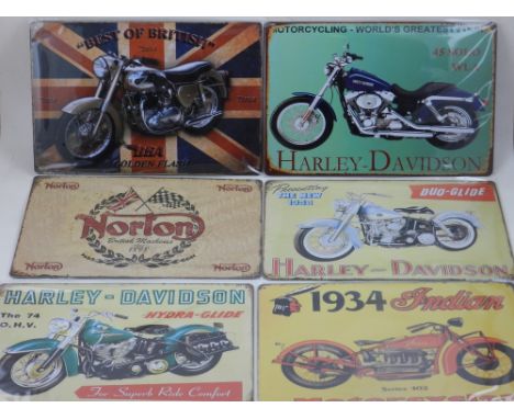 A collection of six tin reproduction signs for Harley Davidson and others.
