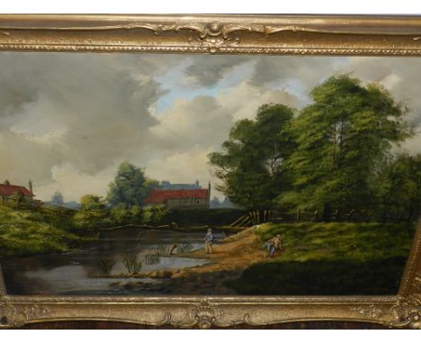 20th century school, figures fishing beside a lake with houses in the distance, oil on canvas, signed lower right 'R. Weymann