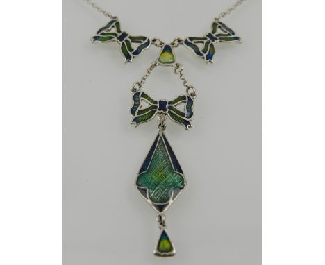 A silver and enamel drop pendant necklace, in the Art Nouveau style, decorated with green and blue enamel. 