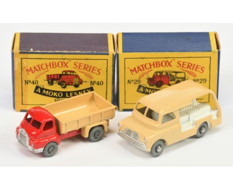 Matchbox Regular Wheels pair of Commercial Vehicles. (1) 29a Bedford CA Milk Float - white crates &amp; base, metal wheels wi