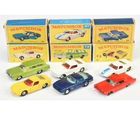 Matchbox Regular Wheels group to include 8E Ford Mustang Fastback - white, red interior, black plastic wheels with chrome hub