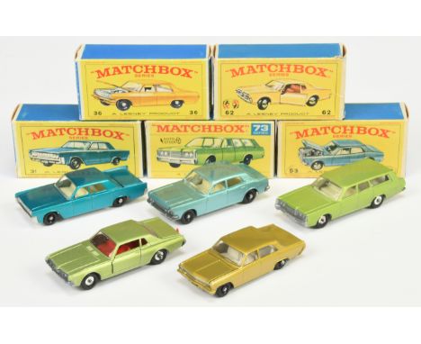 Matchbox Regular Wheels group to include 31C Lincoln Continental - metallic blue; 36C Opel Diplomat - metallic gold; 53C Ford