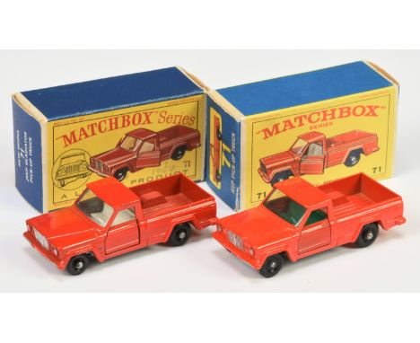 Matchbox Regular Wheels 71b Jeep Gladiator Pick-up Truck pair (1) - green interior, gloss black base without patent number, 1