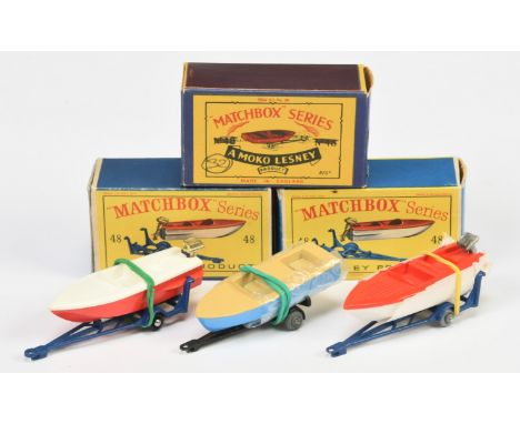 Matchbox Regular Wheels a group of Boats (1) 48a Meteor Sports Boat &amp; Trailer - light tan boat with blue hull, satin blac