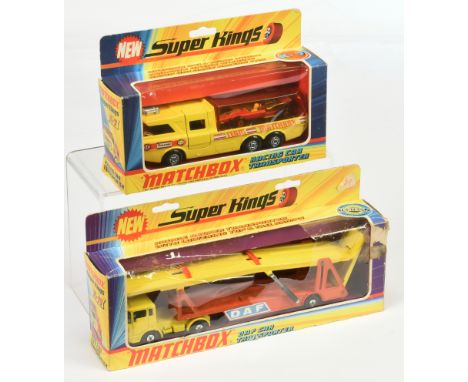 Matchbox Superkings pair of Commercial Vehicles. (1) K7 Racing Car Transporter - lemon yellow body with Team Matchbox labels,