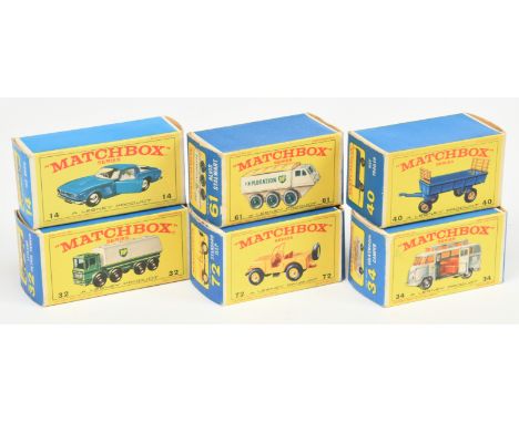 Matchbox Regular Wheels group of Empty Boxes to include 14d Iso Grifo; 32c Leyland Petrol Tanker; 34c Volkswagen Camper; 72b 