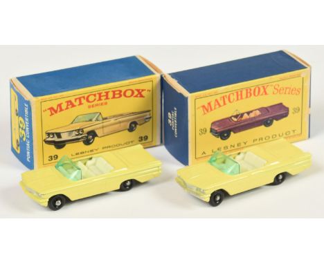 Matchbox Regular Wheels 39b Pontiac Bonneville Convertible pair (1) primrose yellow body with full silver trim, turquoise gre
