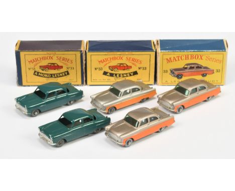 Matchbox Regular Wheels 33a Ford Zodiac Saloon group&nbsp; (1) dark green, silver trim, metal wheels with crimped axles (2) s