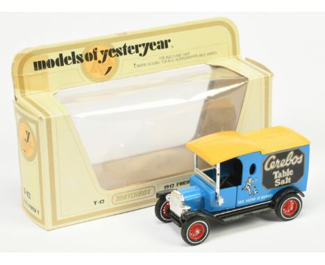 Matchbox Models of Yesteryear Y12 Ford Model T Van "Cerebos Table Salt" - mid blue body, yellow roof, black seats, chrome pla