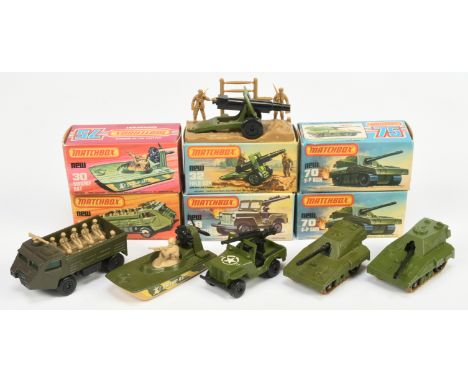 Matchbox Superfast a mixed boxed group of Military Vehicle to include, 30c Swamp Rat Air-boat, 32c Field Gun, 38c Armoured Je