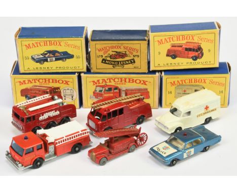 Matchbox Regular Wheels group of Emergency Service Vehicles to include 9c Merryweather Marquis Fire Engine - brass 18-rung la