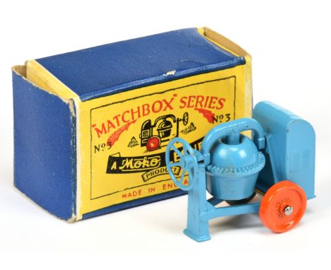 Matchbox Regular Wheels 3a Site Mixer - Stannard Code 1 - mid-blue body with engine cover handle cast, orange metal wheels wi