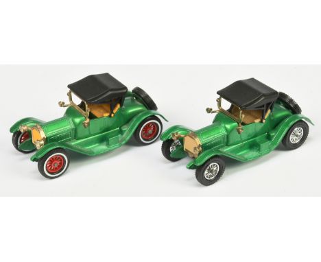 Matchbox Models of Yesteryear Y6 1913 Cadillac pair (1) colour trial model - glossy green body and chassis, textured black ho