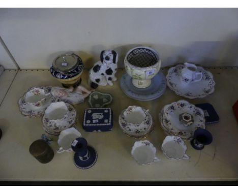 A mixed lot of various assorted ceramics to include Melba china, floral decorated tea set, a Staffordshire model spaniel, a N