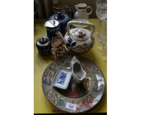 A mixed lot comprising Wedgwood Jasperware teapot, jug, sugar basin plus further Masons jug, Crown Ducal floral decorated vas