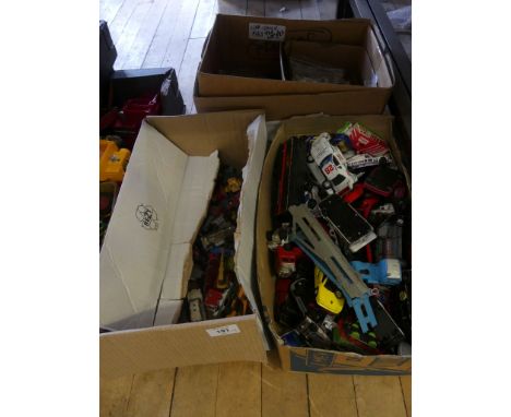 Three boxes containing an assorted of various diecast model animals assorted army vehicles, Tonka trucks, quantity of Rupert 