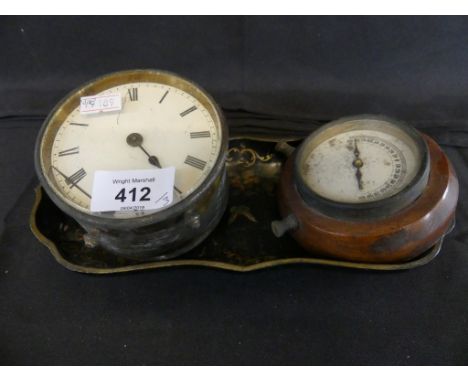 A mixed lot comprising a small papier-mache dish, a bedside clock and a wooden cased compass 