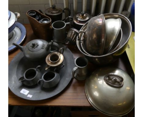 A mixed lot of various silver-plated wares to include meat covers, tea set plus further pewter tray, pewter tea wares and vin