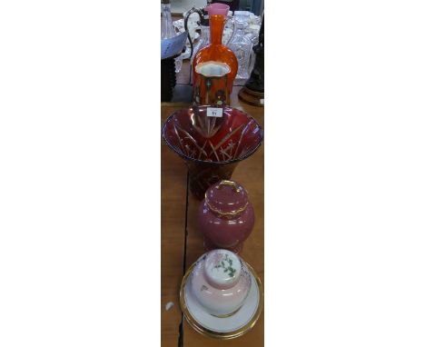 A mixed lot comprising a Noritake floral and gilt decorated vase of ribbed form, together with a ruby cut glass vase, further