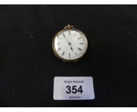 A ladies open face pocket watch, the white enamel dial with Roman numeral hour markers within a case stamped 9k, with base me