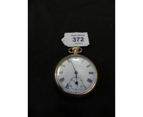 A 9k gold keyless wind pocket watchThe white enamel dial with black Roman numerals, outer minute track, blue steel hands, sub