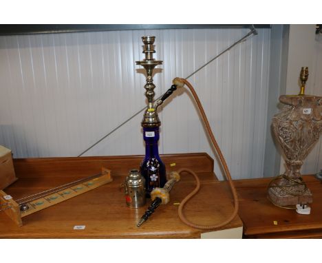 A blue glass and gilt decorated Shisha pipe
