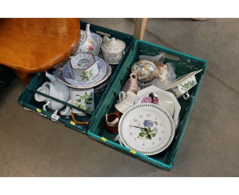 Two boxes of decorative china to include Portmeirion "Botanic Garden" wall clock, Masons dish and cover etc.