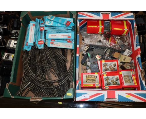 Two boxes of N gauge model railway items including buildings and track