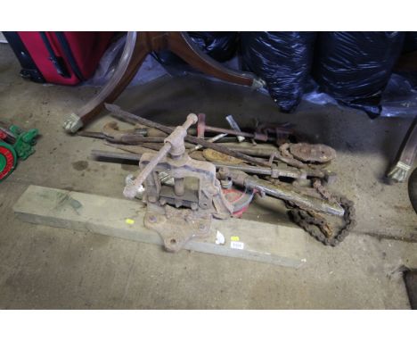 A Record pipe vice, G-clamp, rotary pump, large pair of stilsons etc.