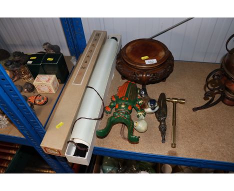An Oriental carved hardwood pot stand, a cast iron boot pull, a brass hammer, two bird ornaments, an Oriental scroll and a br