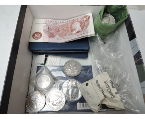 A collection of GB Coins and Banknotes, Churchill Crowns, Pennies, First Decimal Coin Sets x5, Ten Shilling Uncirculated Note